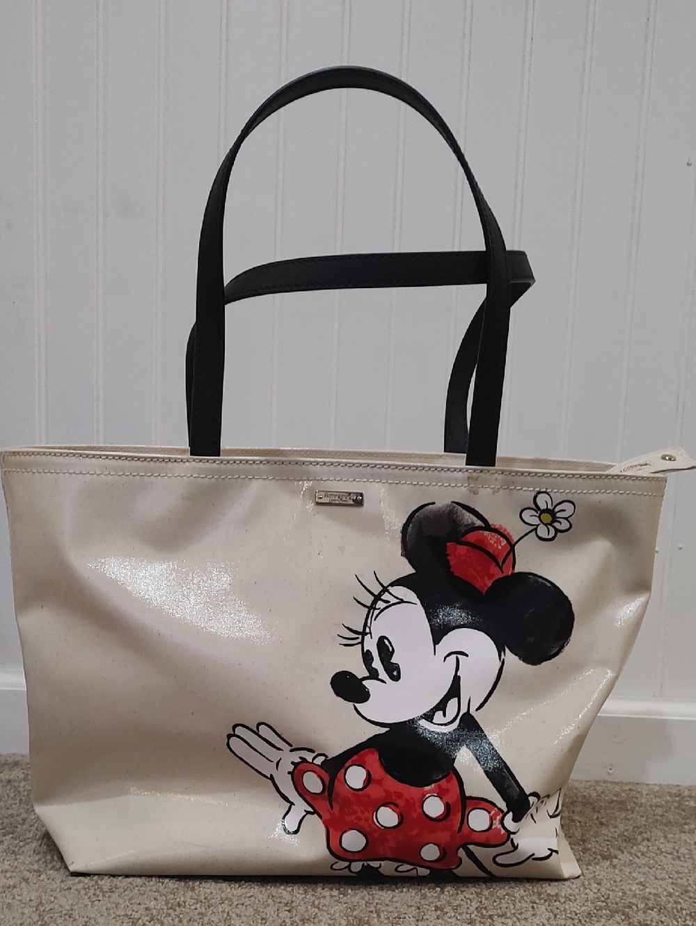 kate spade Cream Minnie Mouse Tote with Black Handles and Red Accents